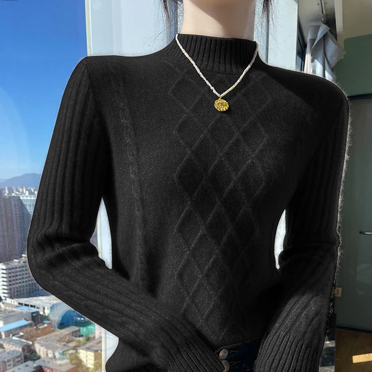 羊绒针织衫女半高领套头扭花毛衣秋冬新款加厚针织上衣羊毛打底衫