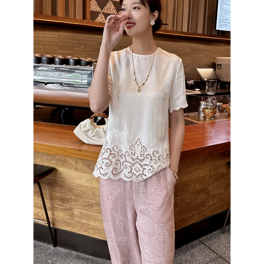 【深圳罗依】原创真丝衬衫女桑蚕丝提花镂空刺绣气质圆领短袖上衣