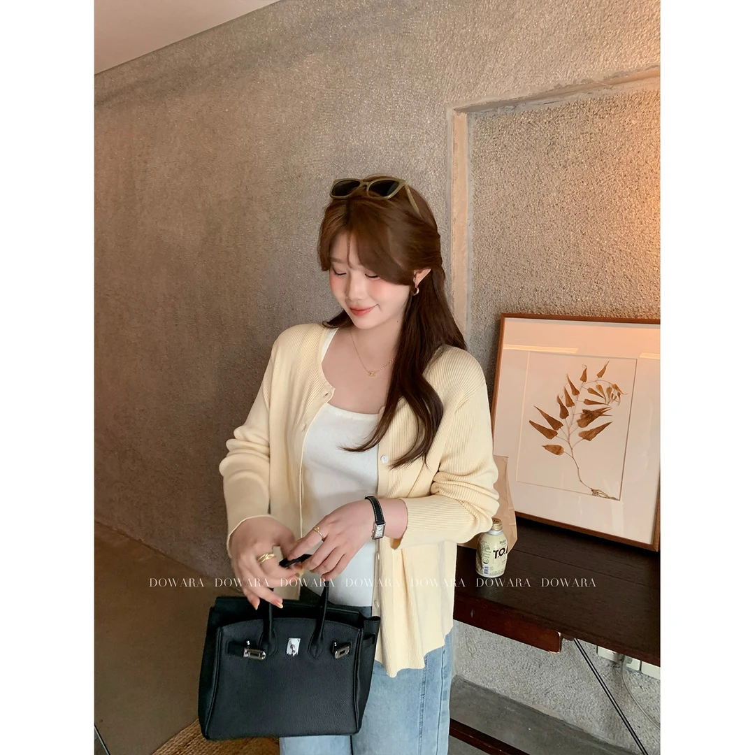 现货大婉酱微胖定制韩系温柔慵懒风针织开衫女春季新款上衣 7664D