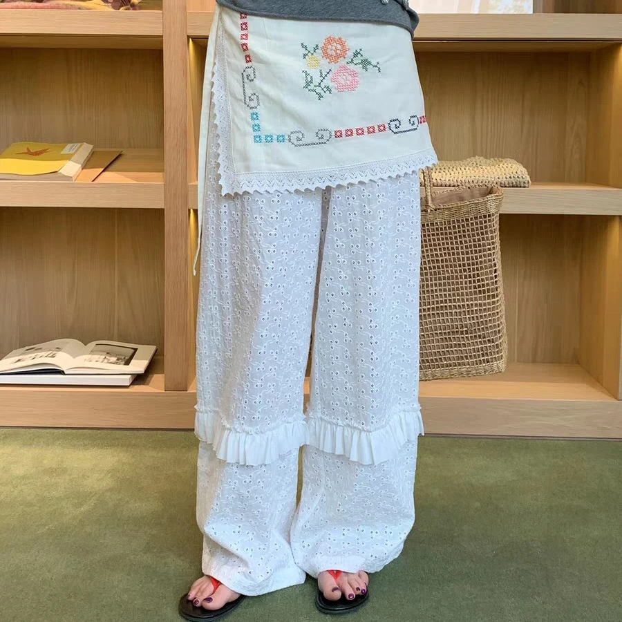 le rouge周美美【26号晚8点新品】镂空刺绣荷叶花边宽松休闲裤