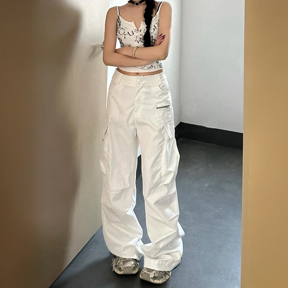 美式高街白色工装裤牛仔裤女夏季新款高腰直筒宽松多口袋阔腿裤潮