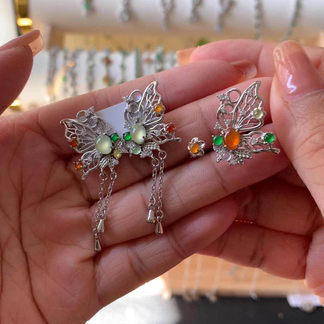 翡翠银S925镶嵌耳饰套装