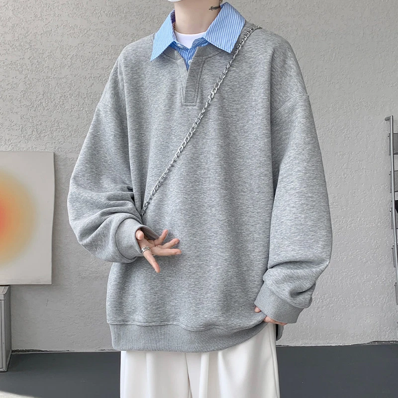 假两件衬衫领卫衣男美式复古轻熟风Polo衫春季特大码拼接长袖T恤