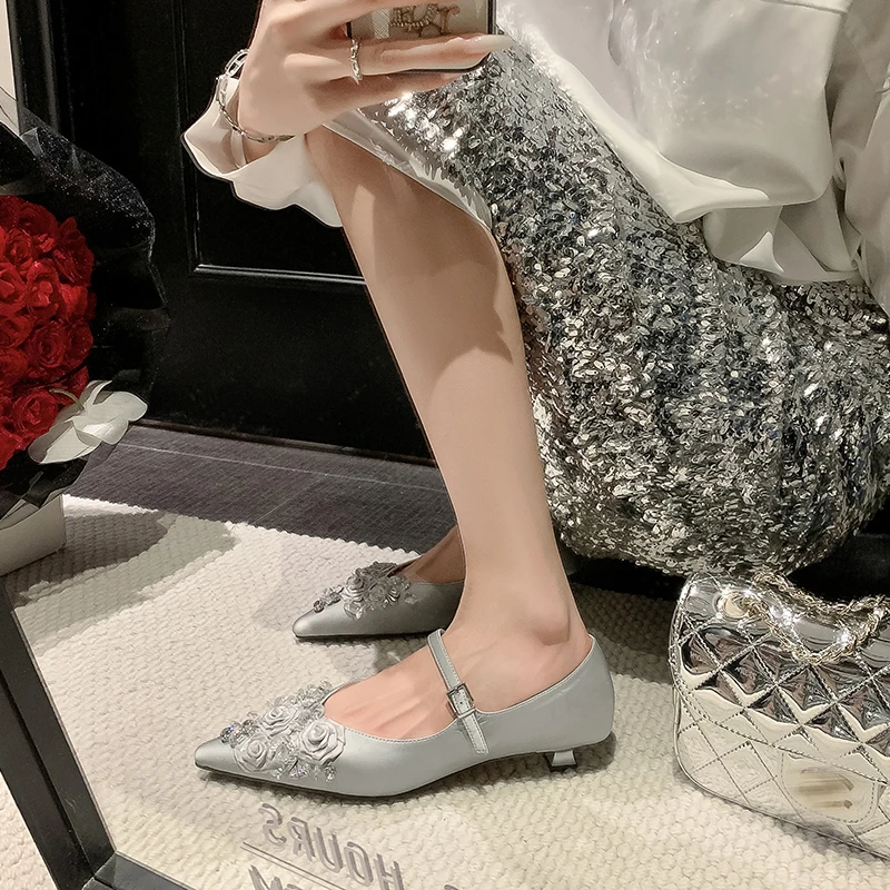 范戈希牛皮跟高3CM单鞋方头玛丽珍鞋春季女低跟浅口时尚买1赠3