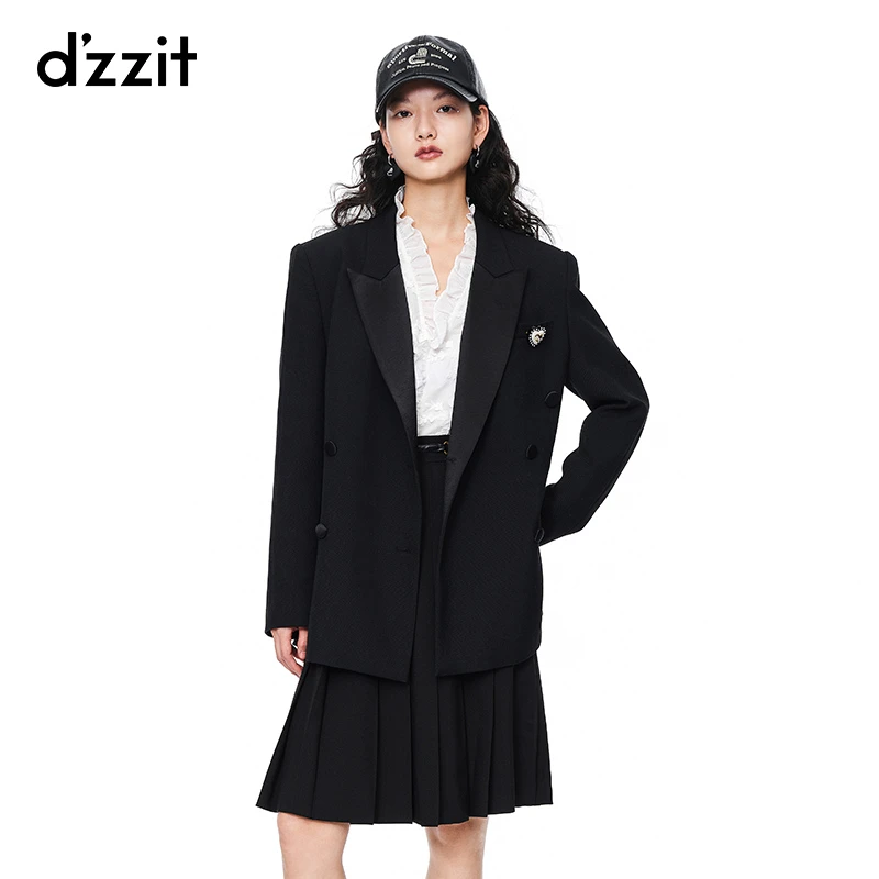 明星同款dzzit地素黑色拼接领子宽松西装外套女高级感3E3F5051A