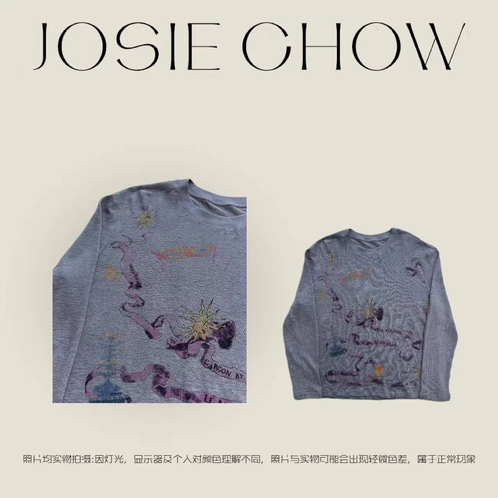 JOSIE CHOW【暗紫油画】复古做旧印花亚麻长袖T恤。JC862218