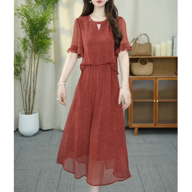 轻奢绝美优雅连衣裙女装2025夏季新款妈妈气质减龄显瘦假两件裙子