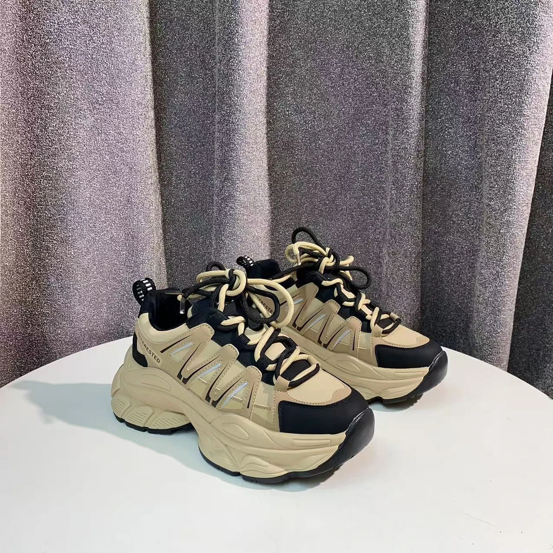 C1721 黑色 时尚厚底圆头系带女休闲运动鞋  老爹鞋