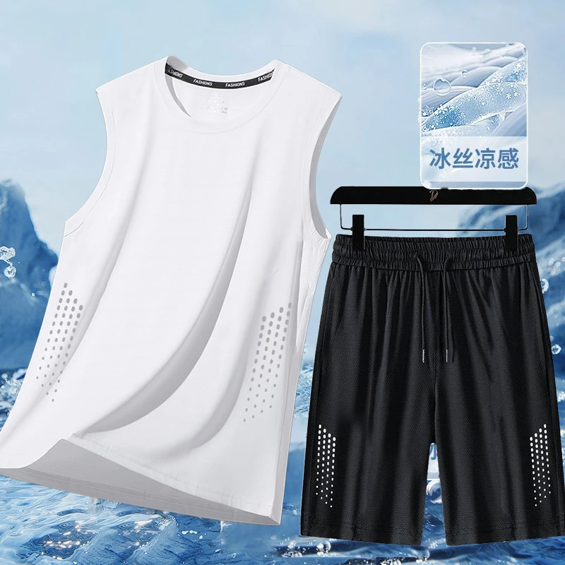 速干背心套装男款2025夏季冰丝跑步运动服无袖t恤短裤休闲两件装