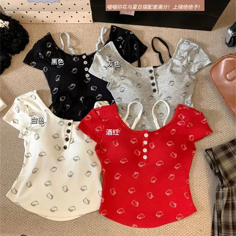 满印kt猫短袖女修身打底上衣带胸垫内搭性感辣妹短款吊带背心