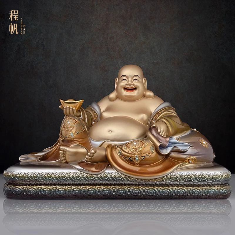程帆纯铜元宝创意笑佛摆件珐琅镶宝弥勒佛大肚佛弥陀佛铜供奉摆件