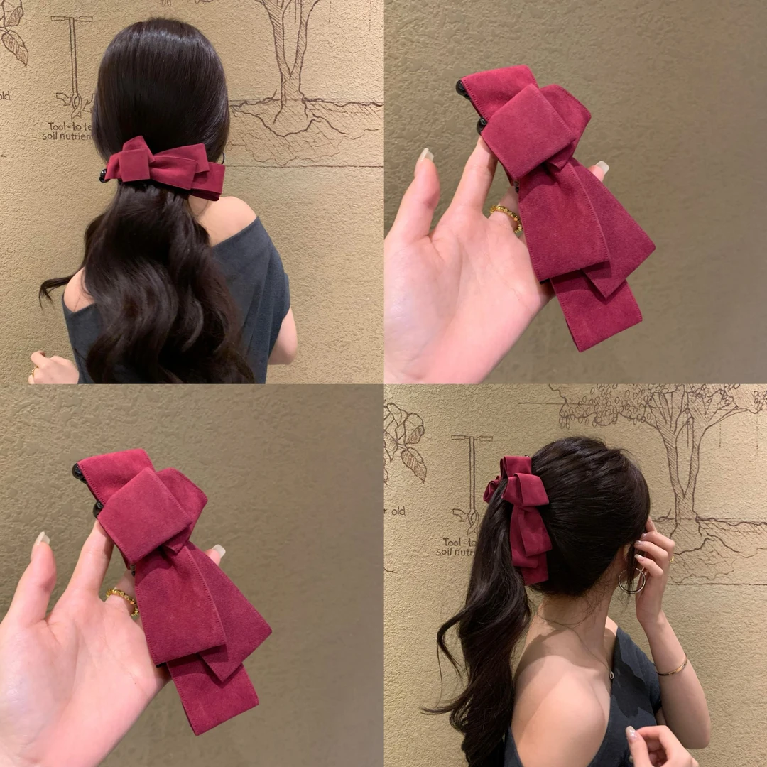 焦糖南瓜~秋冬复古麂皮绒面蝴蝶结香蕉夹气质高马尾盘发竖夹扭夹