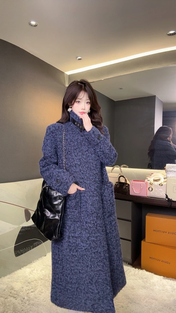 秦晓亿chic高定设计师款气质轻奢立领毛呢加厚长款小众大衣