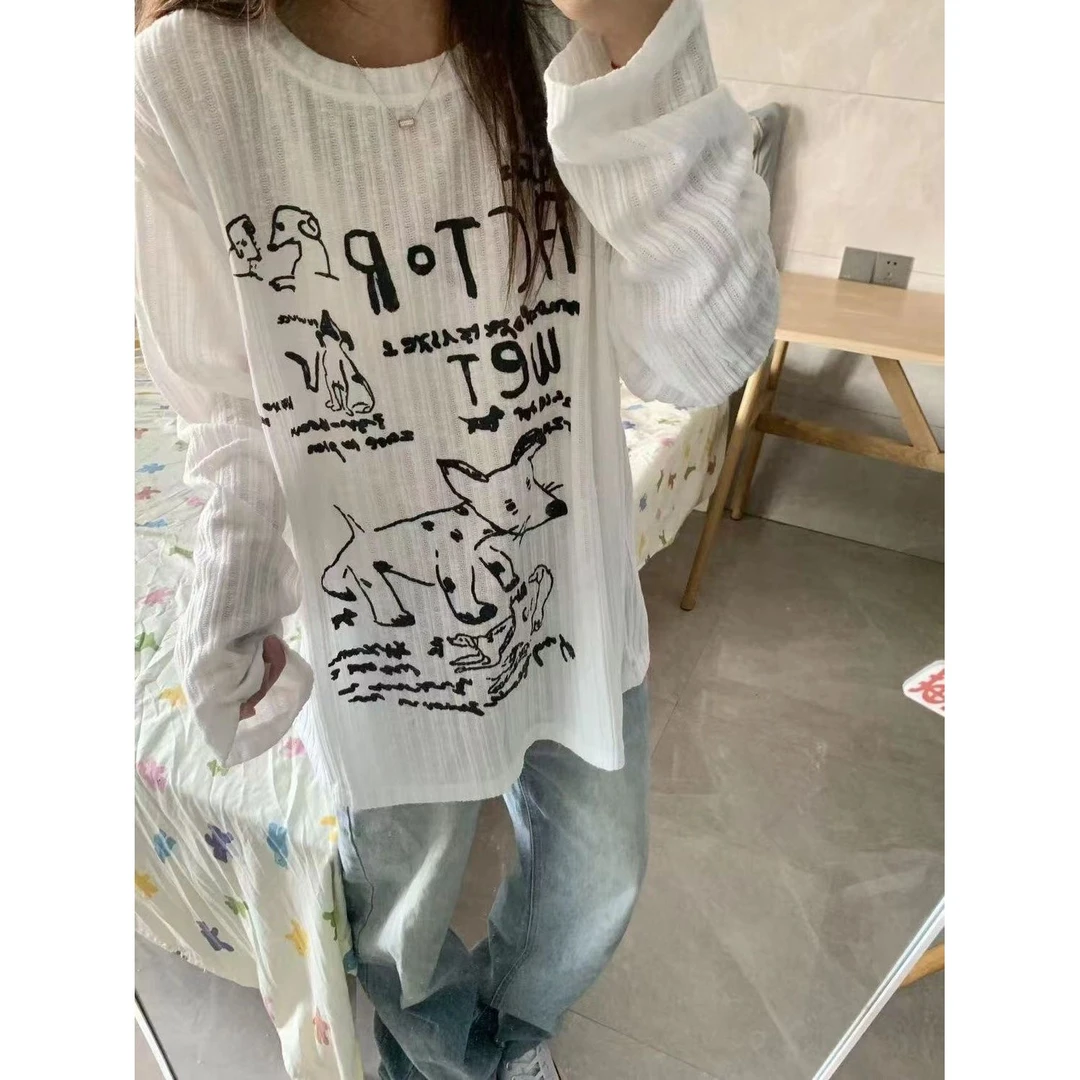 小狗印花薄款防晒罩衫长袖白色T恤女春秋打底内搭小狗正肩上衣潮