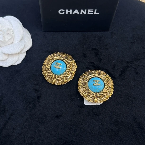 95新 Chanel/香奈儿 香奈儿熔岩蓝色镶石耳夹