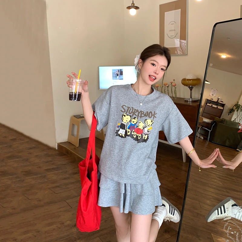 夏季新款时尚卡通图案印花宽松短袖T恤气质修身半身蛋糕裙套装女