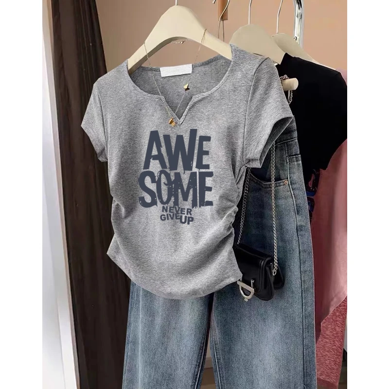 不规则褶皱V领短袖t恤女夏季设计感修身短款小个子正肩体恤上衣