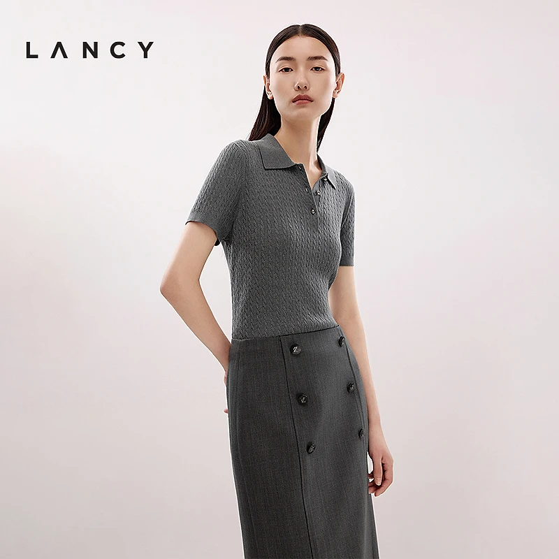 LANCY/朗姿2025夏新款法式气质POLO领绞花短袖针织衫T恤短款女