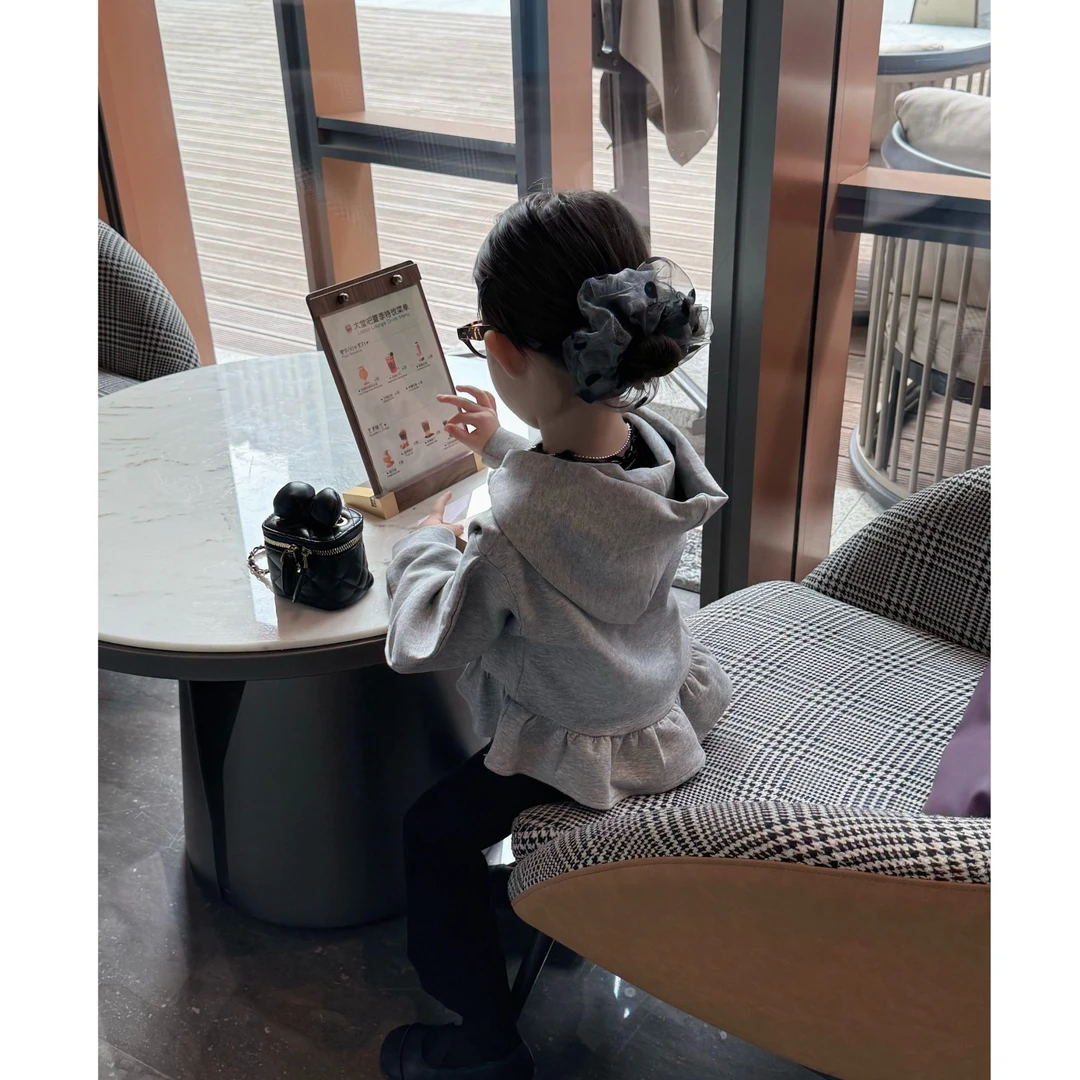 韩版蝴蝶结绑带灰色连帽卫衣女春季新款小众设计宽松花苞下摆上衣