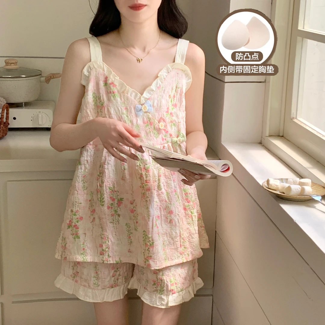 网红爆款带胸垫一体睡衣女薄款云朵棉夏天少女家居服韩版甜美ins