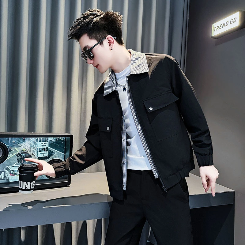 春秋季爆款条纹拼接假两件外套男款潮牌痞帅短款翻领男装夹克上衣