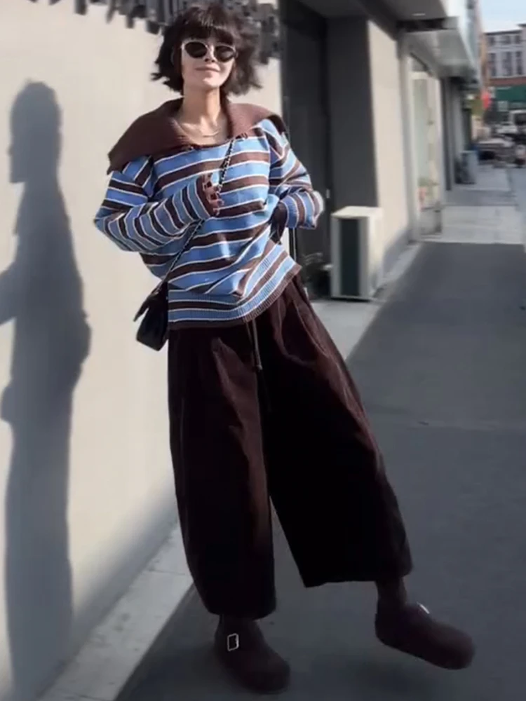 欧洲站2025秋季新款韩版百搭宽松条纹毛衣潮高腰纯色阔腿裤两件套