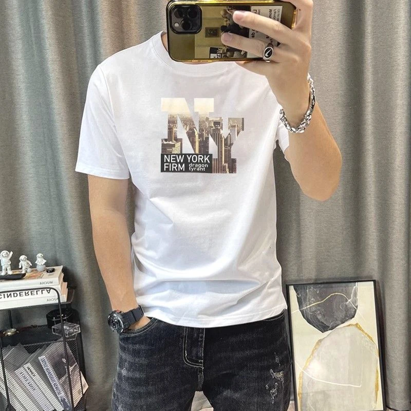 打底衫个性标准男装T恤百搭免烫圆领时尚印花短袖休闲潮流