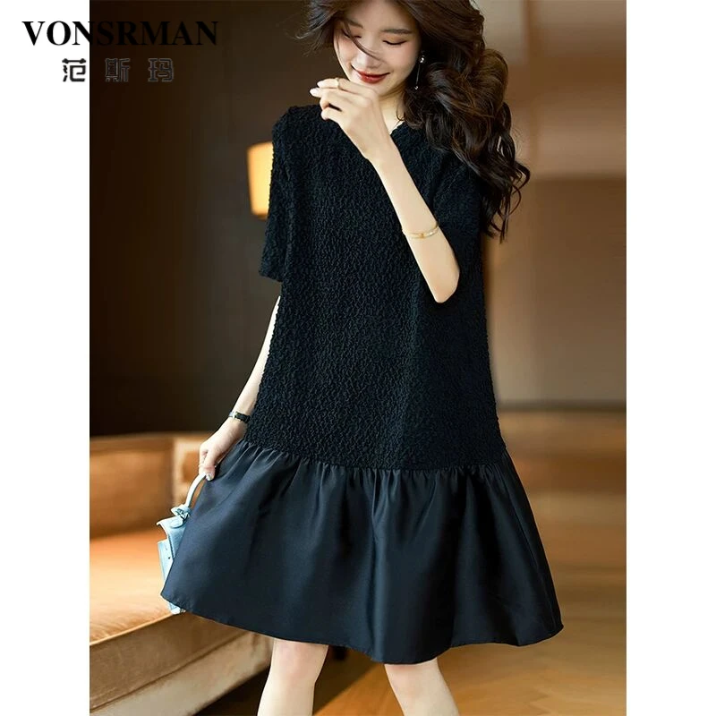 VONSRMAN黑色连衣裙女压皱拼接2025年春夏新款短袖韩版大码a字裙
