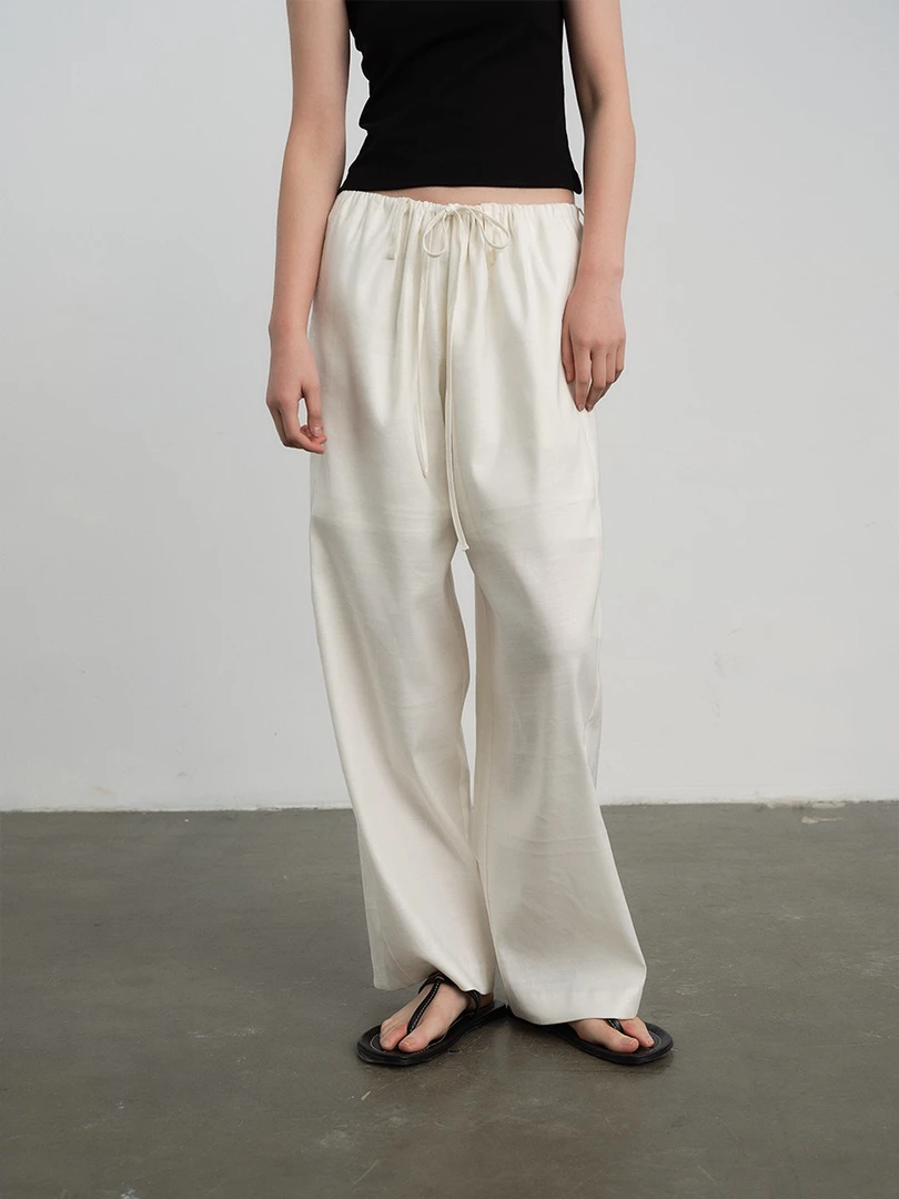 白色设计感汉麻松紧腰休闲裤宽松垂感阔腿裤夏季必备