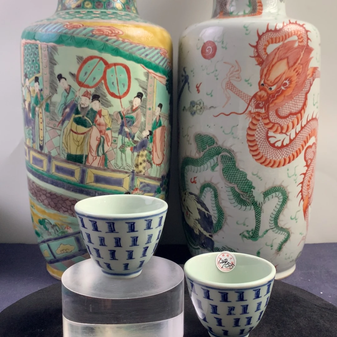 陶杯子12955瓷器—豆青釉杯一对