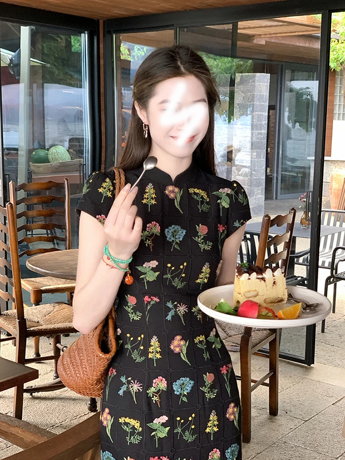 新中式气质黑色碎花旗袍连衣裙女装2025夏季新款优雅收腰漂亮长裙