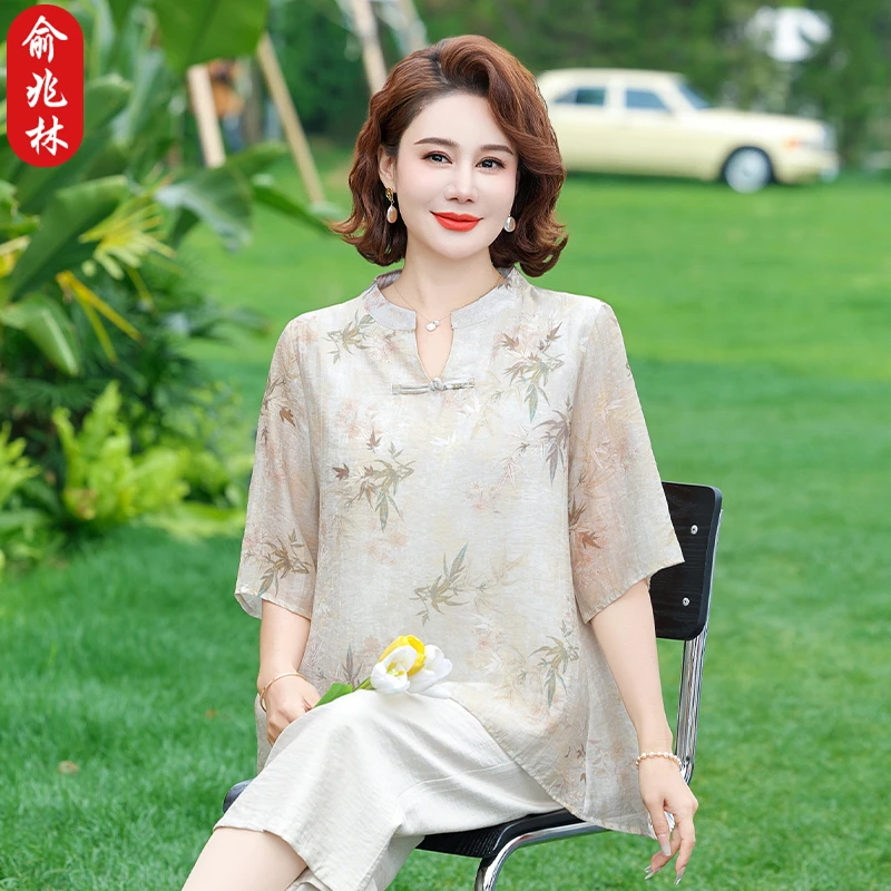 俞兆林妈妈夏装短袖小衫新款夏季中老年人气质雪纺t恤女装两件套
