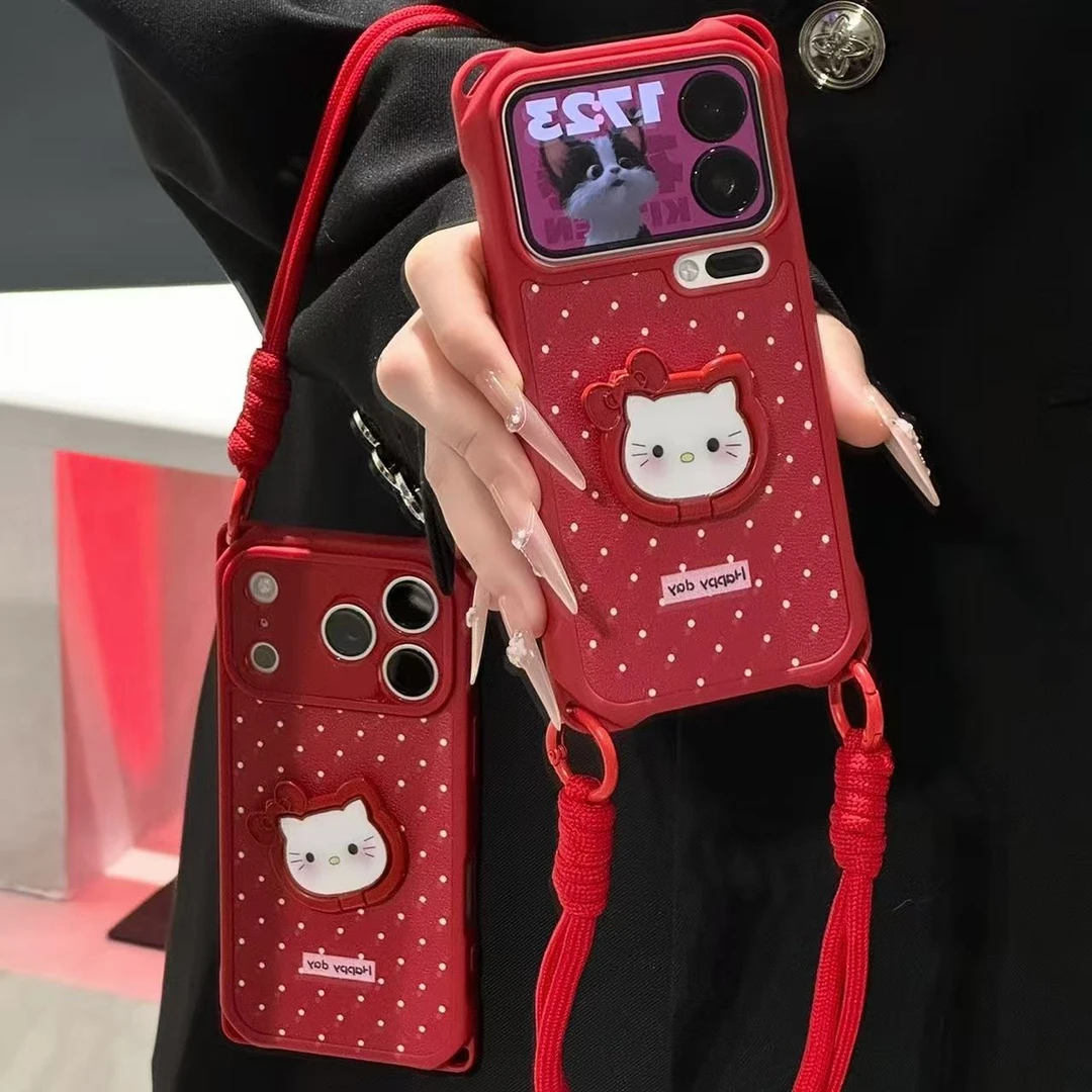 波点kitty支架挂绳适用苹果17/16手机壳iPhone15小米华为vivoppo