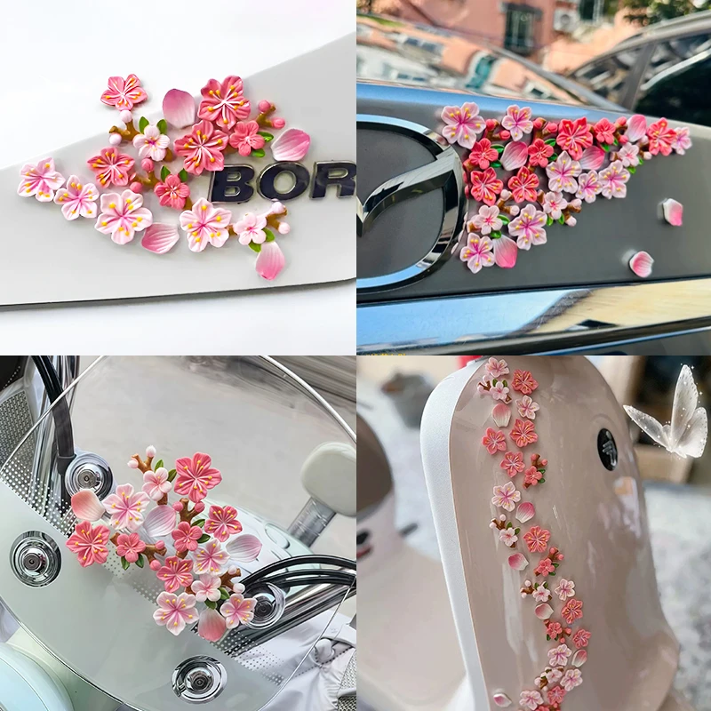 桃花立体贴纸电动车樱花无痕贴装饰车花瓣车贴渐变粉白桃花3d立体