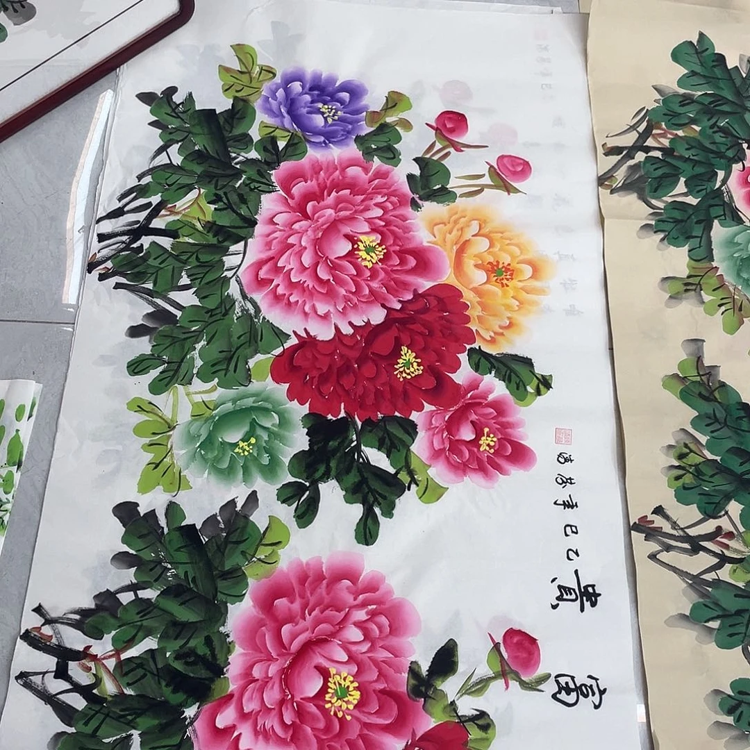 国画国画作品书法作品原稿四尺横幅白底五彩