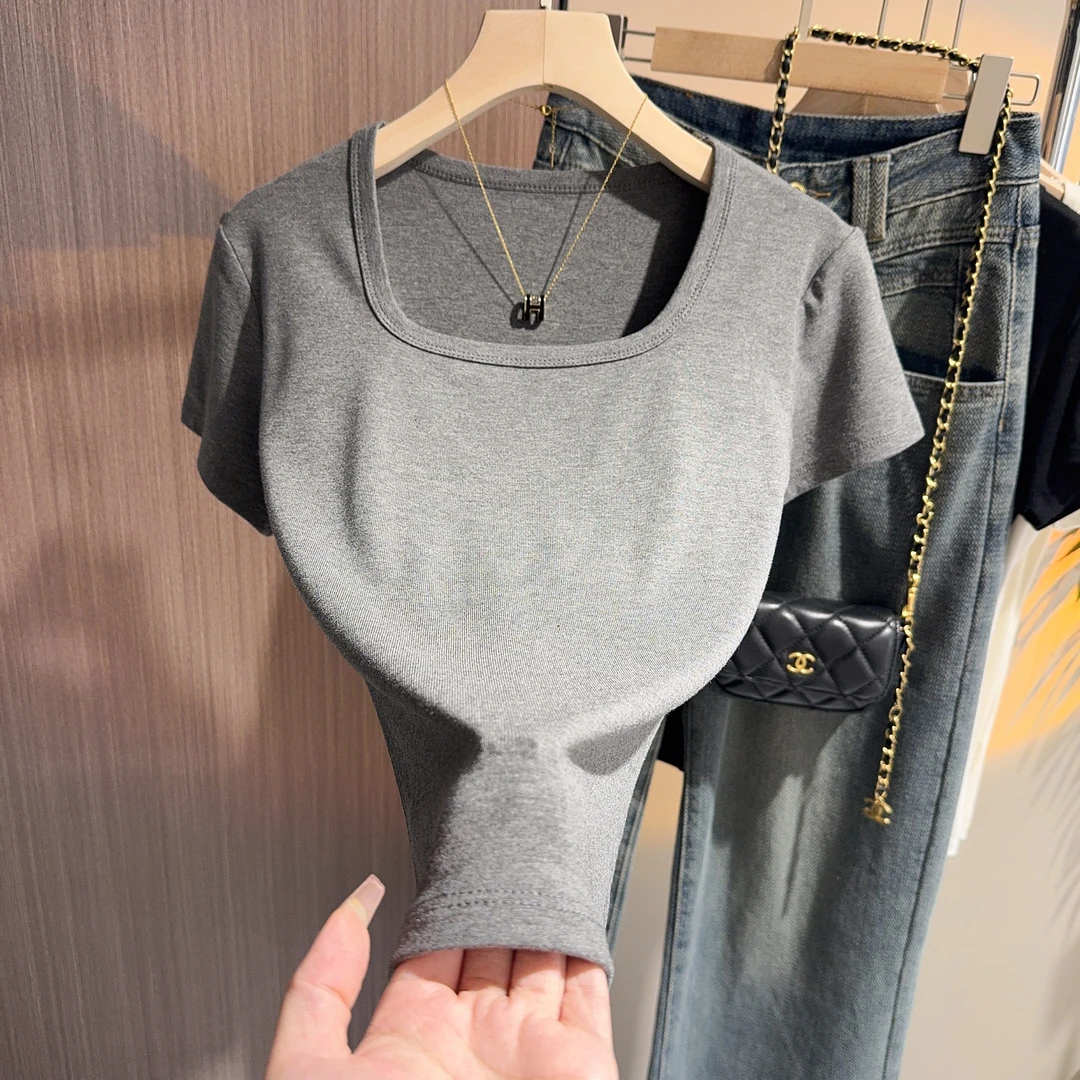 螺纹方领短袖T恤女白色春夏修身打底衫百搭显瘦低领显瘦冰丝上衣