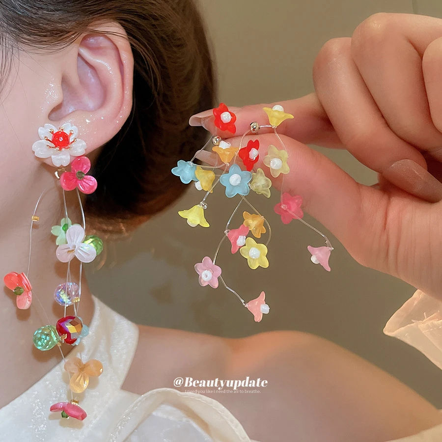 足银亚克力耳饰 足银亚克力耳饰银针彩色喇叭花流苏耳环夏日度假