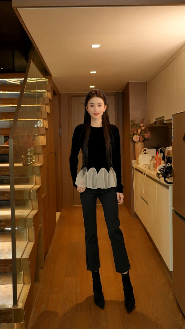 【磊磊】春季上新小众法式复古丝绒拼接花边圆领长袖上衣#8880