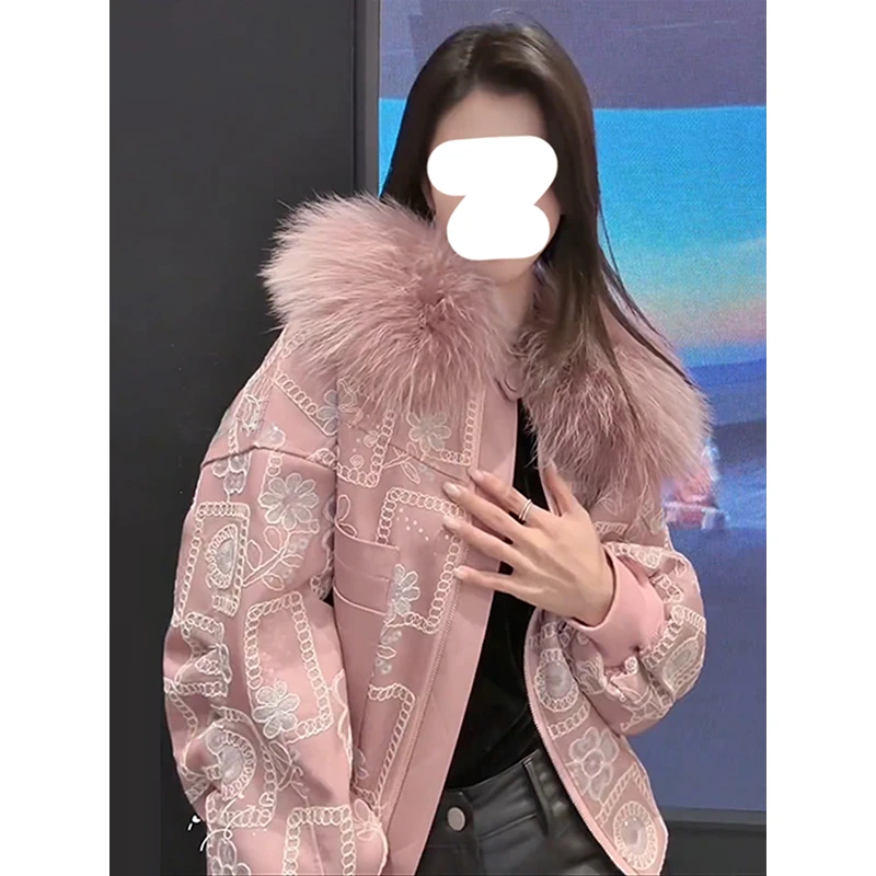 美式高级感毛领外套女装秋冬季连帽宽松百搭夹棉加厚刺绣夹克上衣