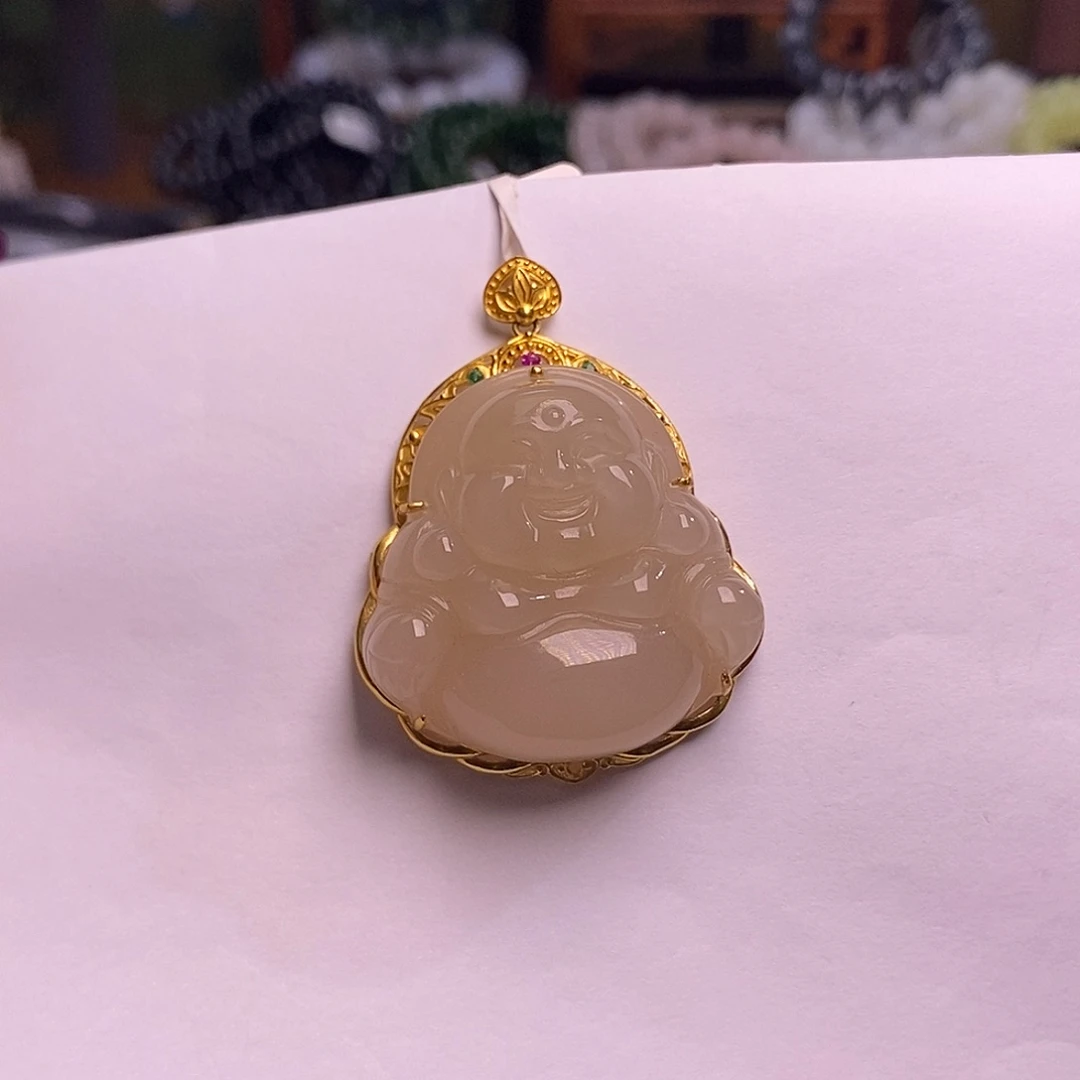 和田玉未镶嵌颈饰藕粉老熟料收藏金镶佛公