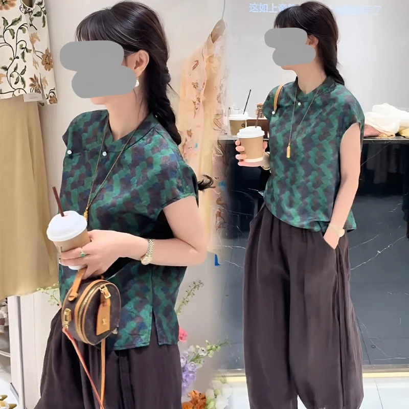 新中式国风提花短袖T恤显瘦高腰长裤女2025夏季新款气质两件套