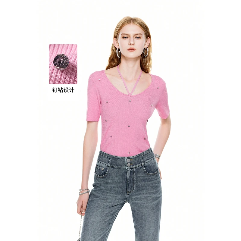 MISSCOCOON【莫奈花园】春夏新款手工钉钻玫粉色短袖针织衫