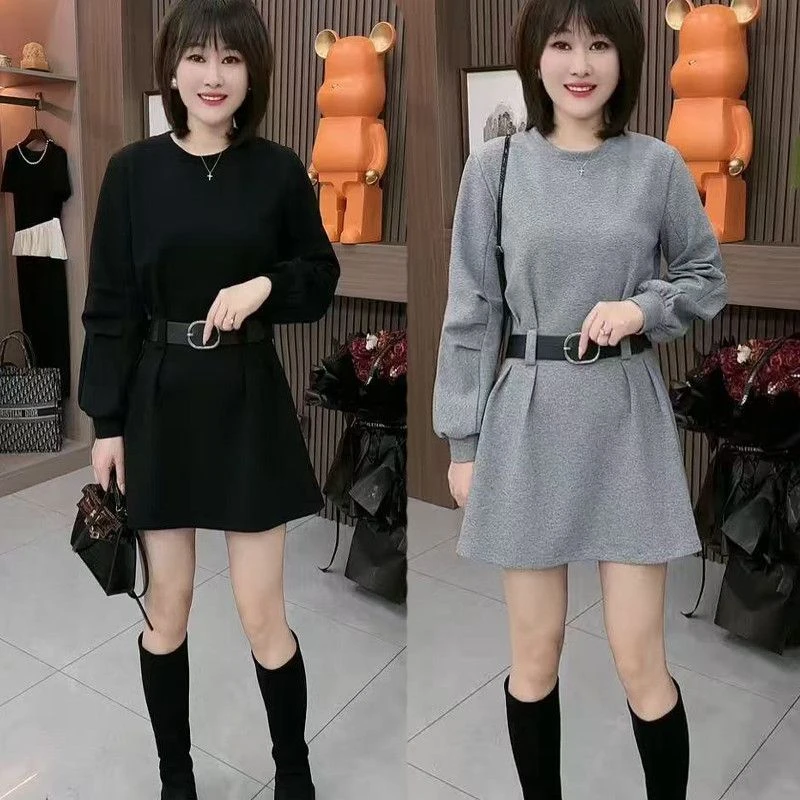 韩版简约设计感腰带卫衣裙2025秋冬新款洋气遮肉气质卫衣连衣裙