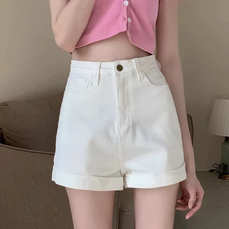 秋季2025年新款牛仔短裤女宽松弹力高腰显瘦白色大码胖mm阔腿热裤