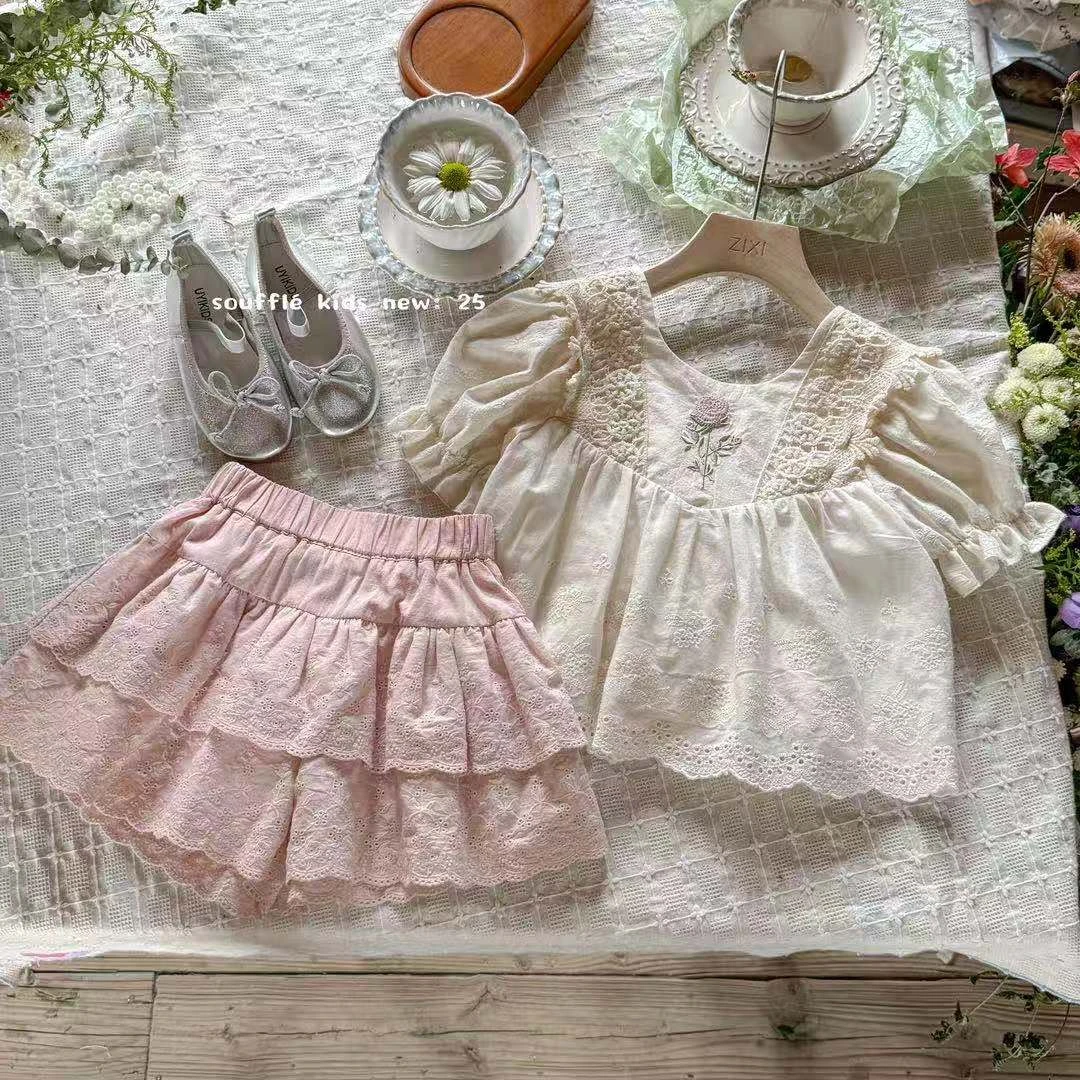 【丸子专属】公主风女童夏装洋气搭配娃娃衫蕾丝短裙裤套装TS028-1