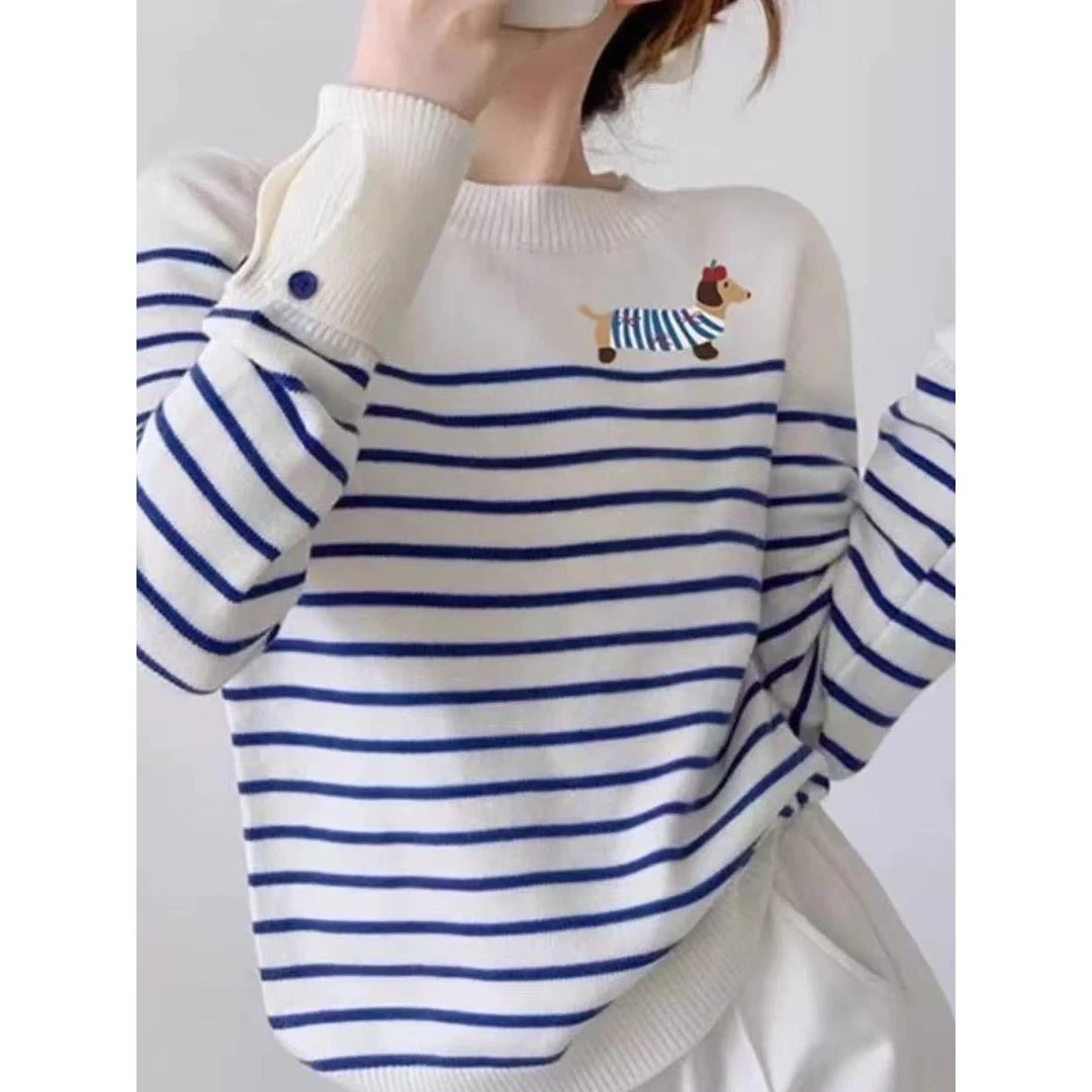 职业阿玛诗官2025秋冬季新款卡通小狗针织衫打底衫圆领条纹毛衣女