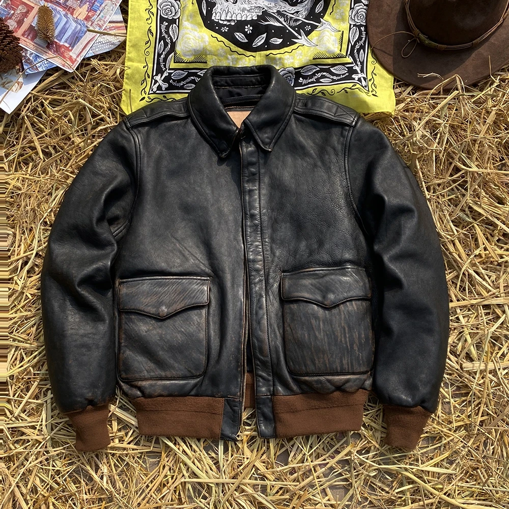 2052全植鞣2.0厚马皮A2款休闲修身百搭复古重水洗做旧飞行皮夹克