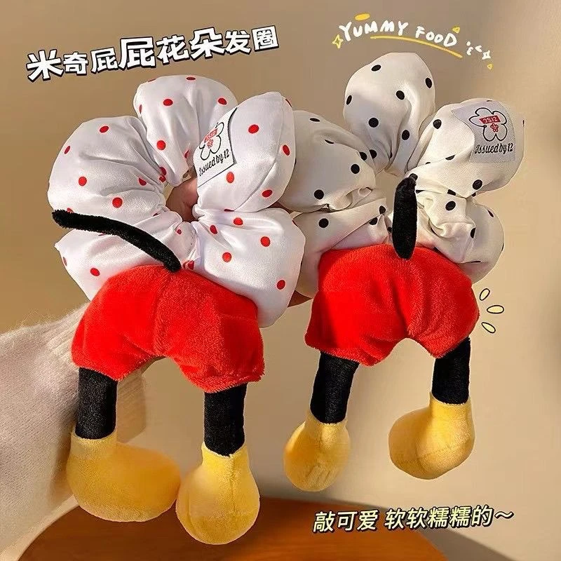 红色可爱花朵发圈发饰头绳米奇波点新款毛绒米奇花花发圈屁股发绳