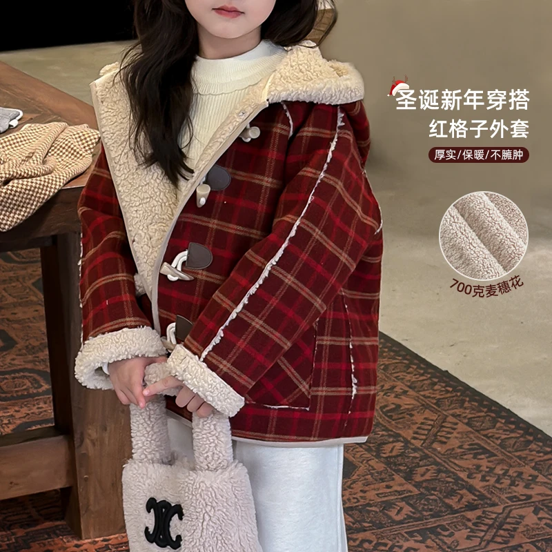 现货【现货-红色典藏】加厚麦穗绒牛角扣外套女童冬DA242261