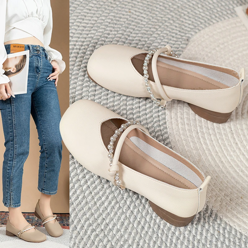 玛丽珍粗跟法式百搭单鞋鞋豆豆鞋一脚蹬乐福鞋浅口中跟皮鞋温柔